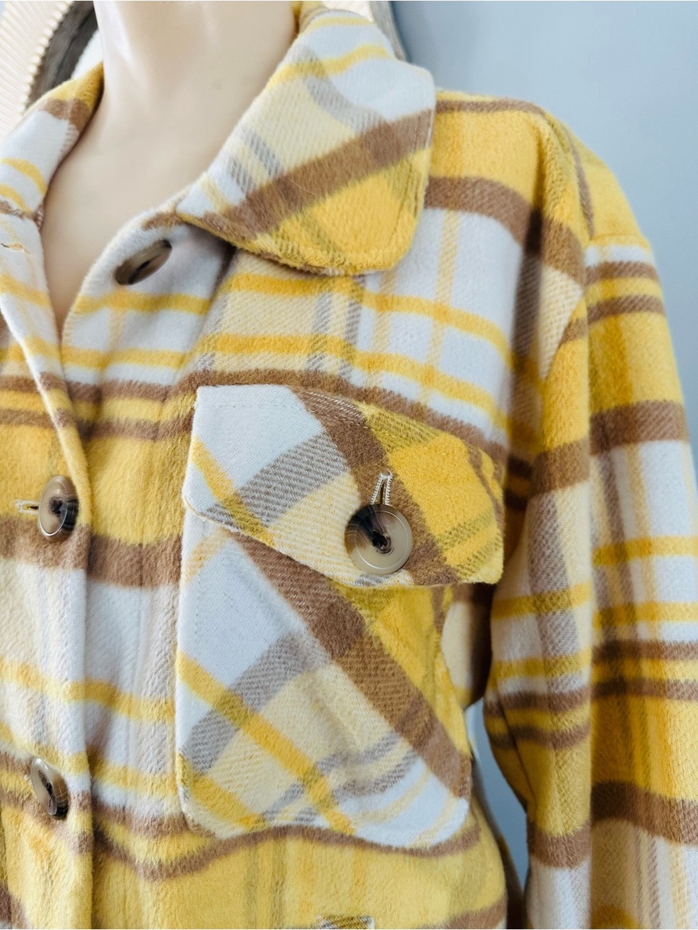 Kensie Yellow White Tan Plaid Teddy Jacket